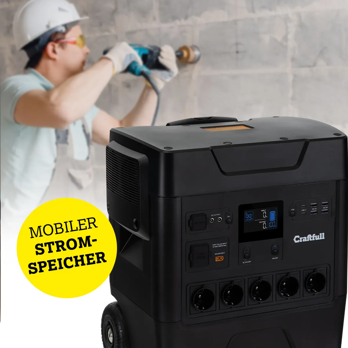 Mobiler Stromspeicher für zuhause und unterwegs Powerstation versorgt einen Heimwerker während der Bauarbeiten mit Strom